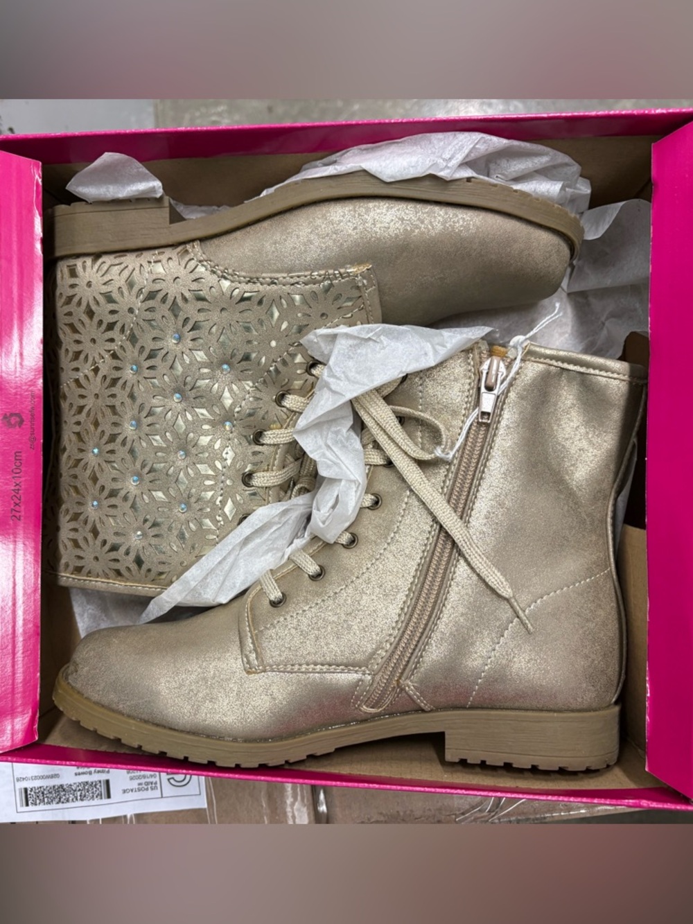 Belle Girls Boots US 3M Gold Metallic Lace Up